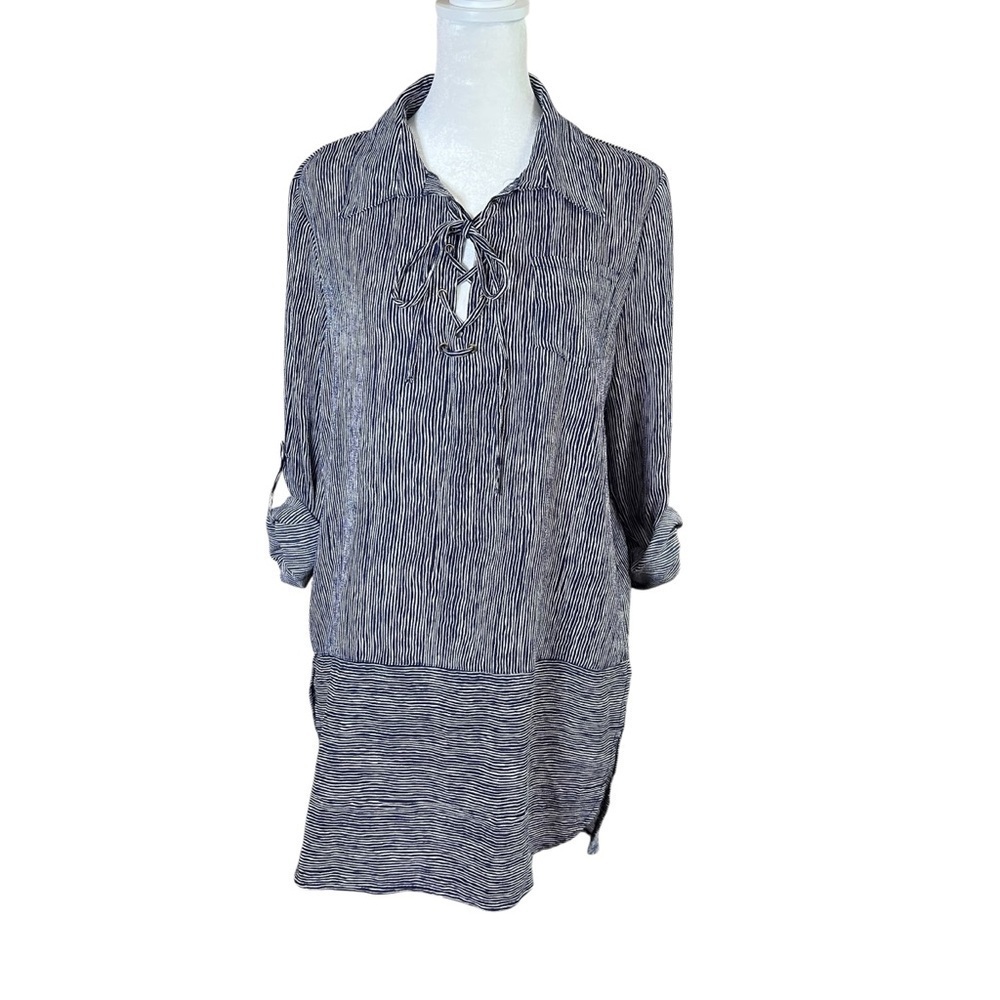 PAPILLON Womens Tunic Top Navy Blue Striped Tie Front Boho Lagenlook Gauzy Sz M